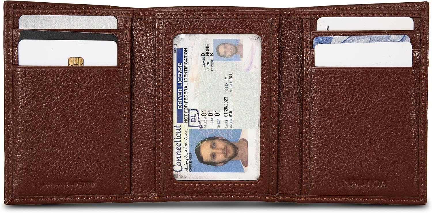image:imageNautica Mens Trifold Wallet RFID Blocking Protection ID Window Card Slots Genuine Leather DurablePop Color Tab Tan