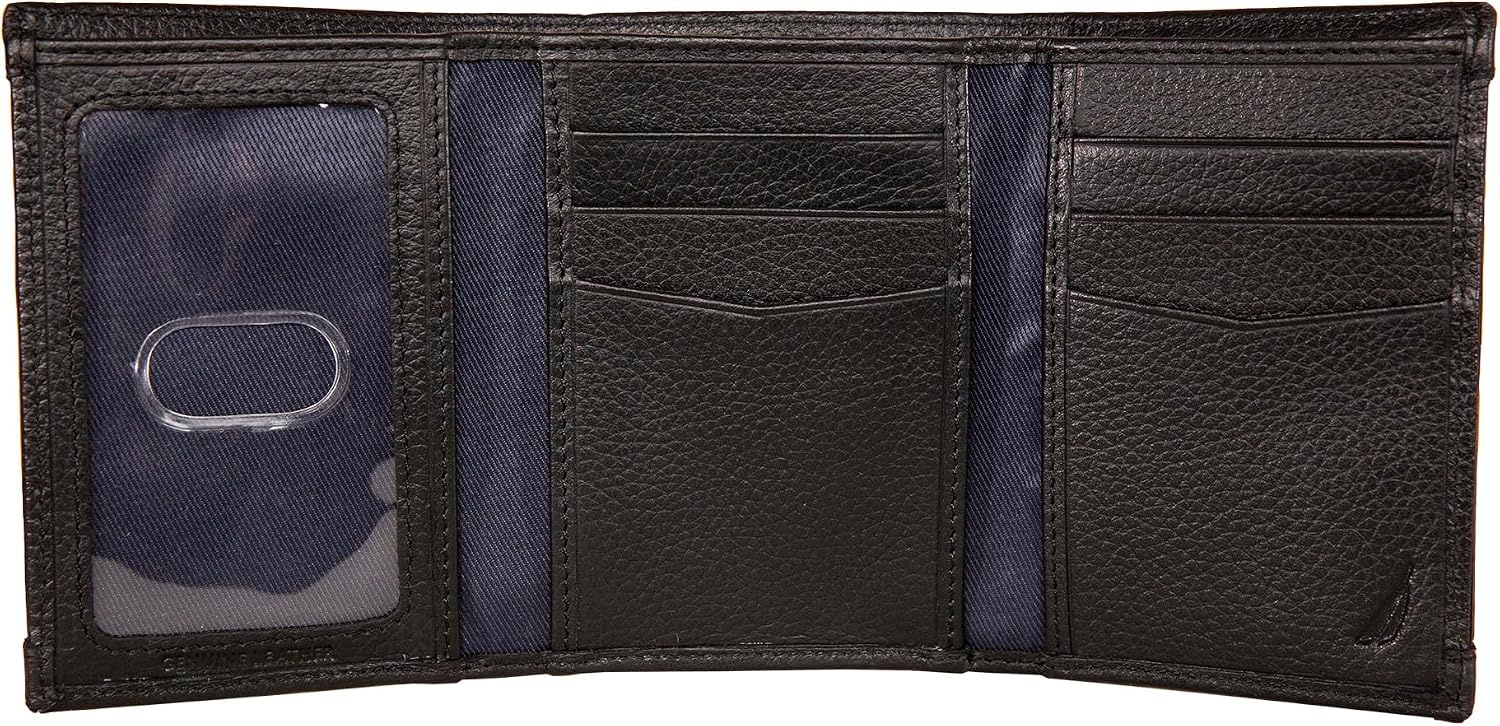 image:imageNautica Mens Trifold Wallet RFID Blocking Protection ID Window Card Slots Genuine Leather DurableRubberLeather Black