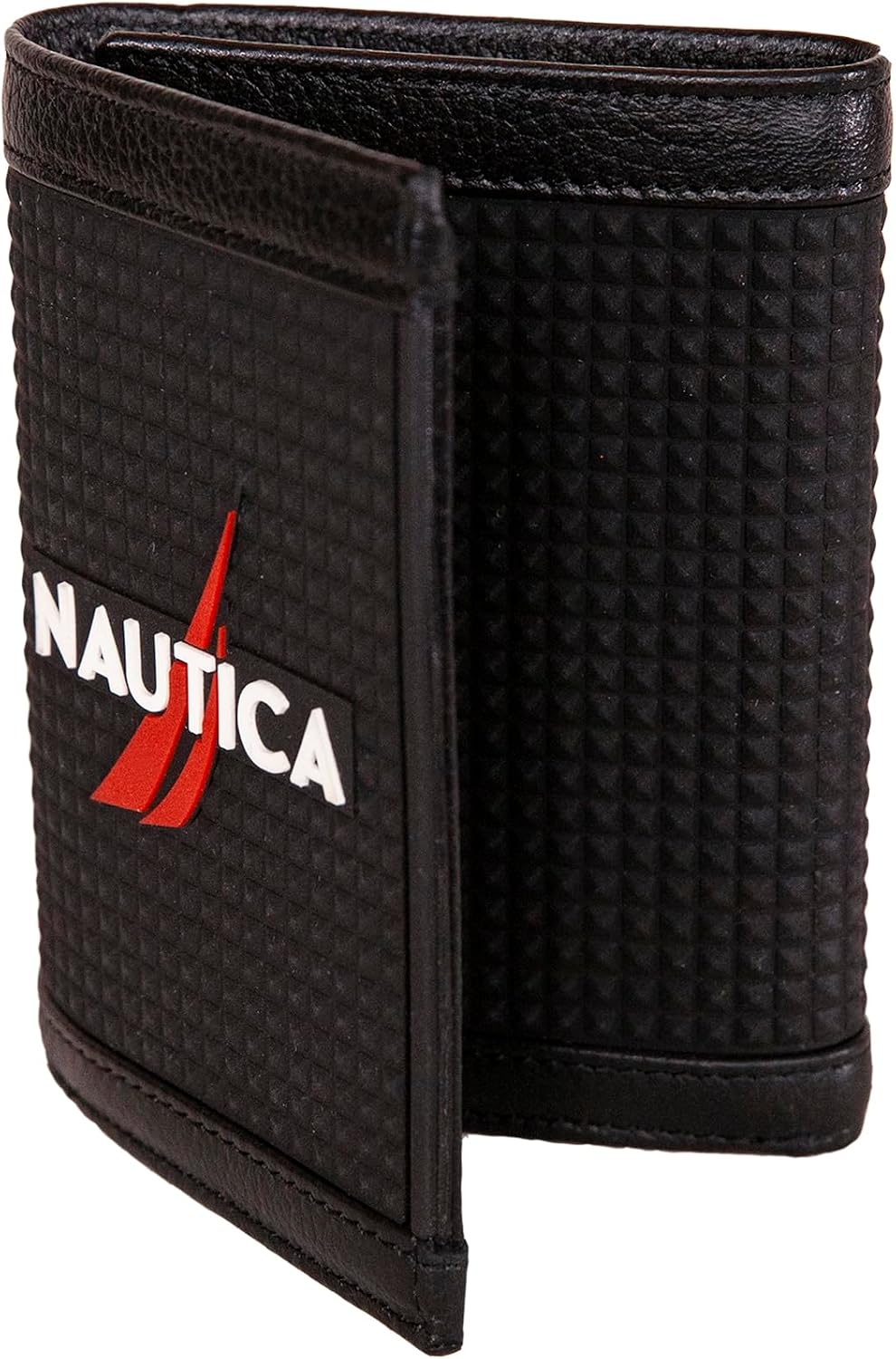 image:imageNautica Mens Trifold Wallet RFID Blocking Protection ID Window Card Slots Genuine Leather DurableRubberLeather Black