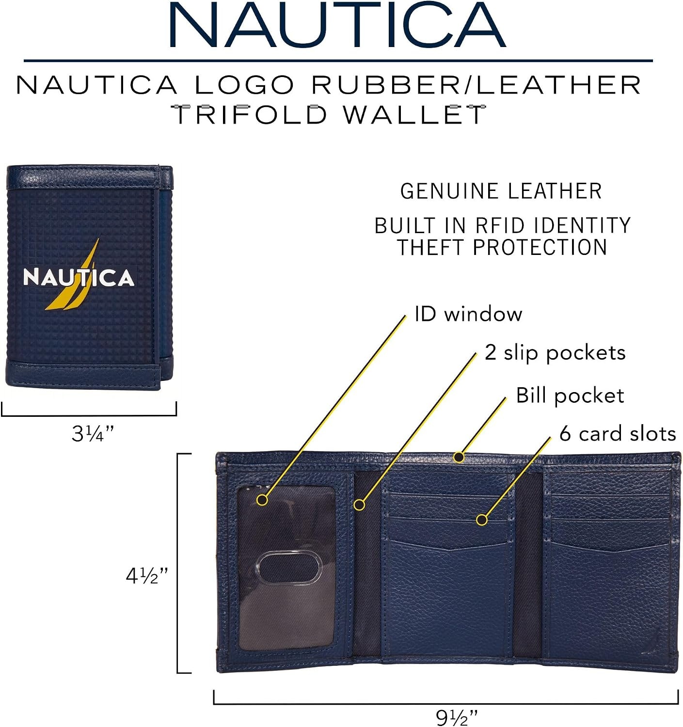 image:imageNautica Mens Trifold Wallet RFID Blocking Protection ID Window Card Slots Genuine Leather DurableRubberLeather Navy
