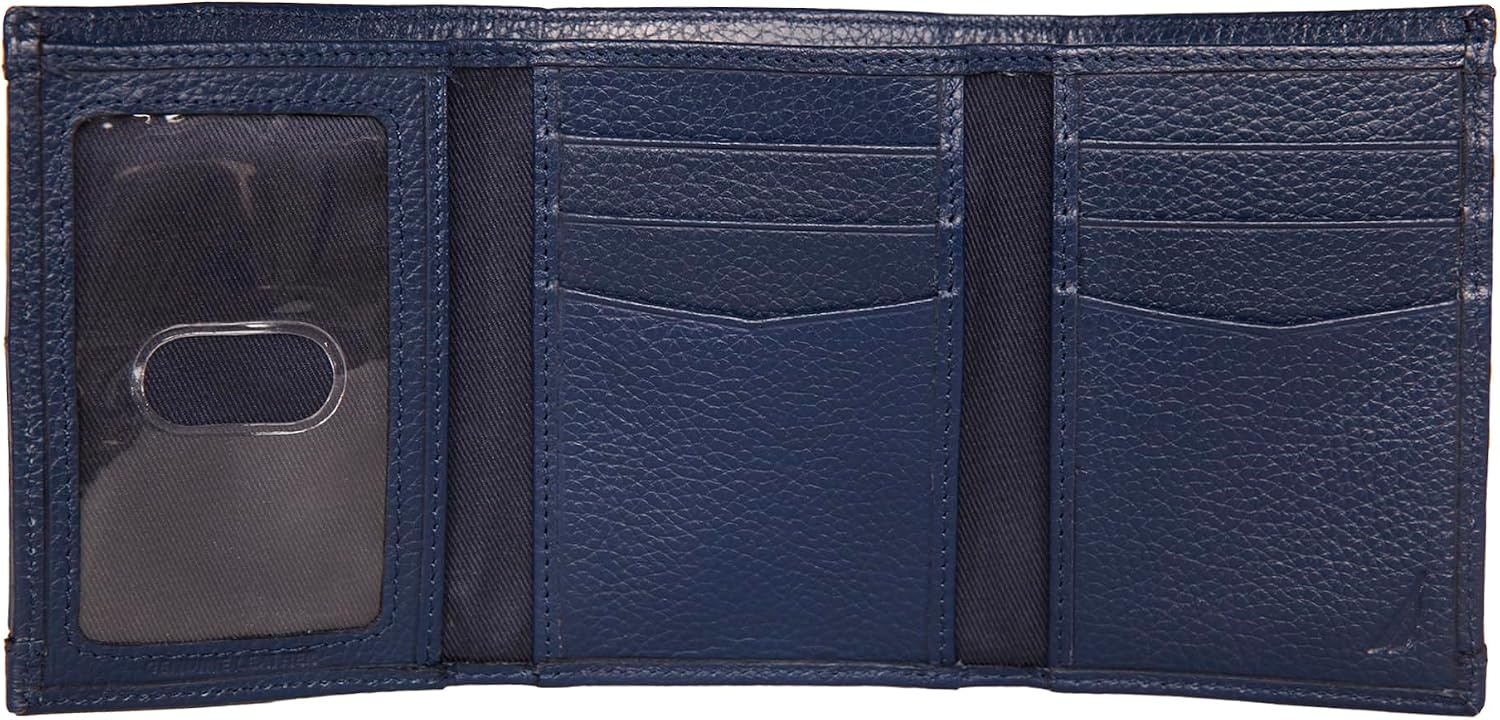 image:imageNautica Mens Trifold Wallet RFID Blocking Protection ID Window Card Slots Genuine Leather DurableRubberLeather Navy