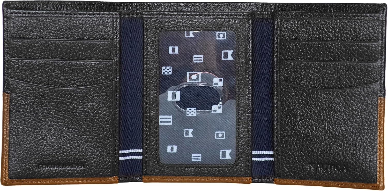 image:imageNautica Mens Trifold Wallet RFID Blocking Protection ID Window Card Slots Genuine Leather DurableTwo Tone BlackCognac