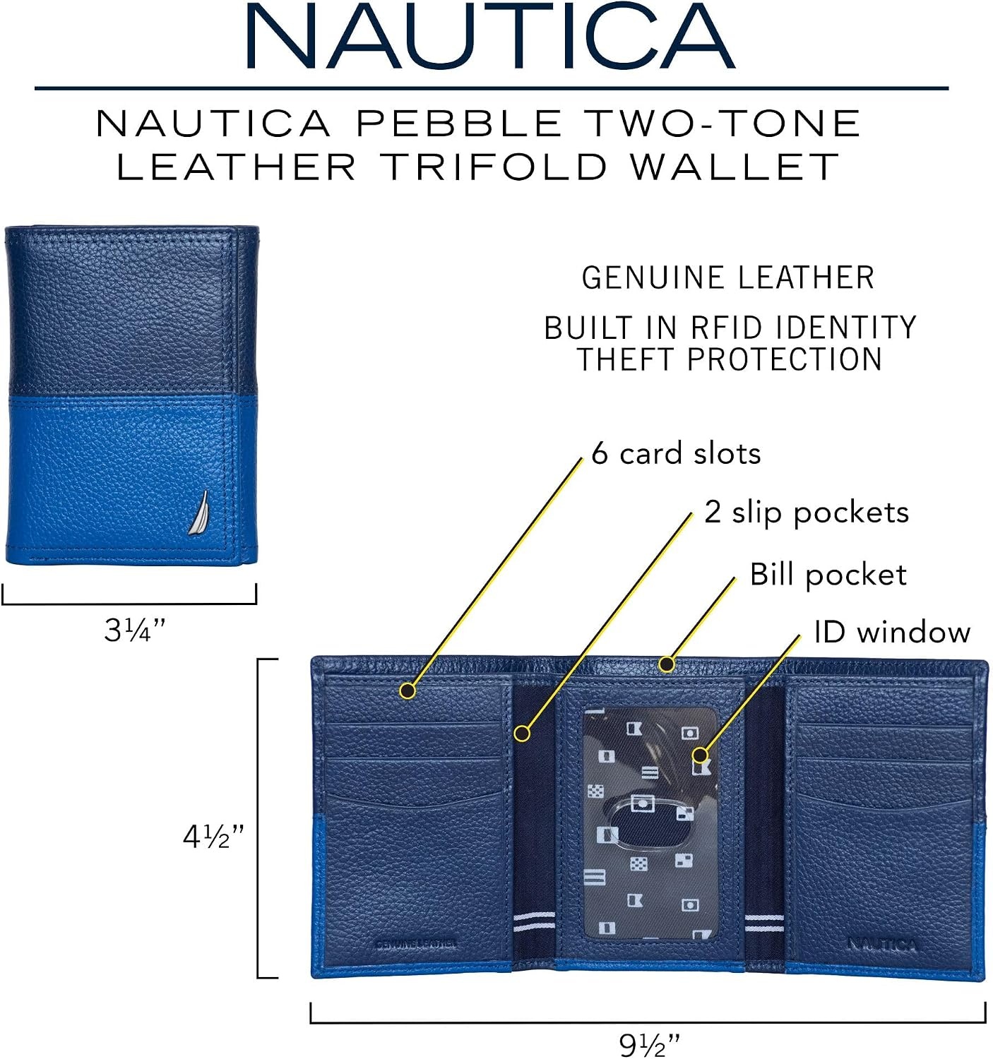 image:imageNautica Mens Trifold Wallet RFID Blocking Protection ID Window Card Slots Genuine Leather DurableTwo Tone BlackGrey