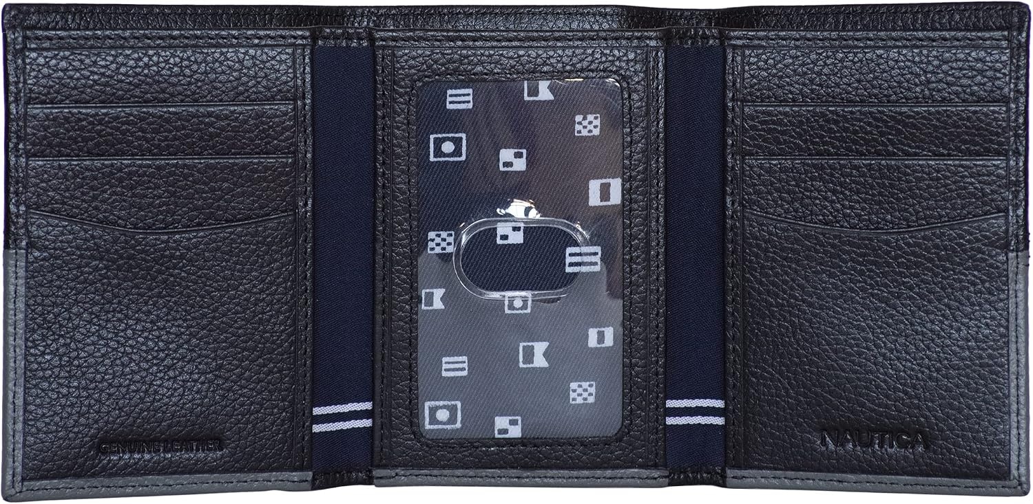 image:imageNautica Mens Trifold Wallet RFID Blocking Protection ID Window Card Slots Genuine Leather DurableTwo Tone BlackGrey