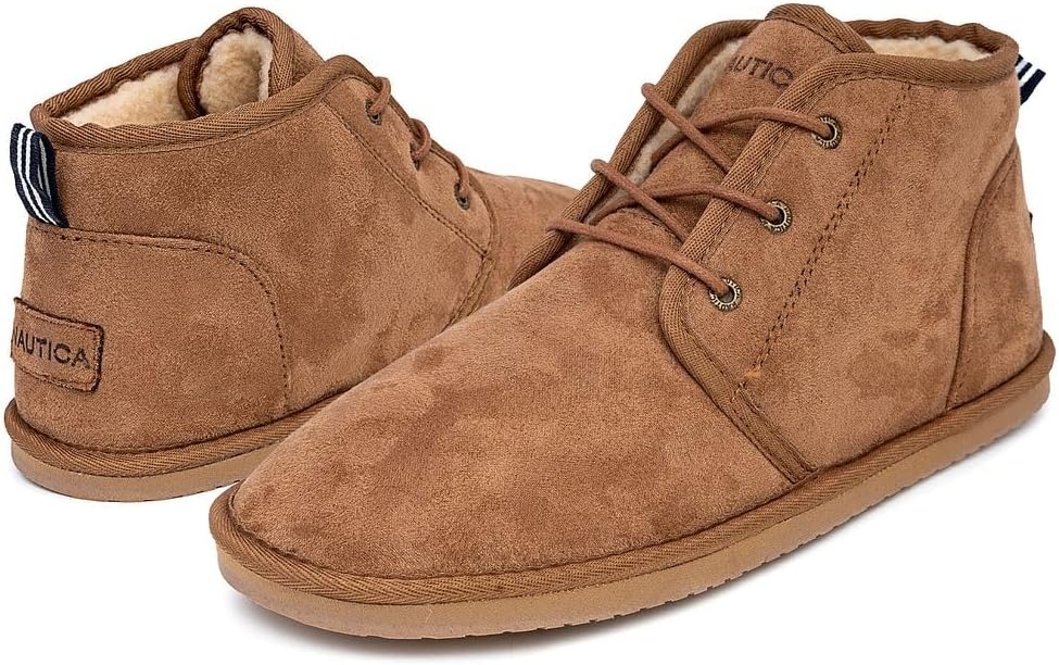 image:imageNautica Mens Winter Ankle Boots Sherpa Lined Lace Up Slippers for Cold Weather Warm Indoor Outdoor House Shoes Comfortable Cozy BootiesTan