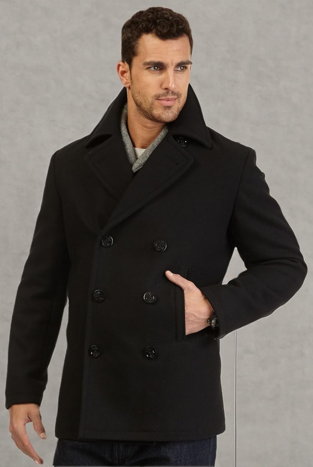 image:imageNautica Mens Wool Blend Peacoat DoubleBreasted Winter Coat Regular Big amp Tall SizesBlk