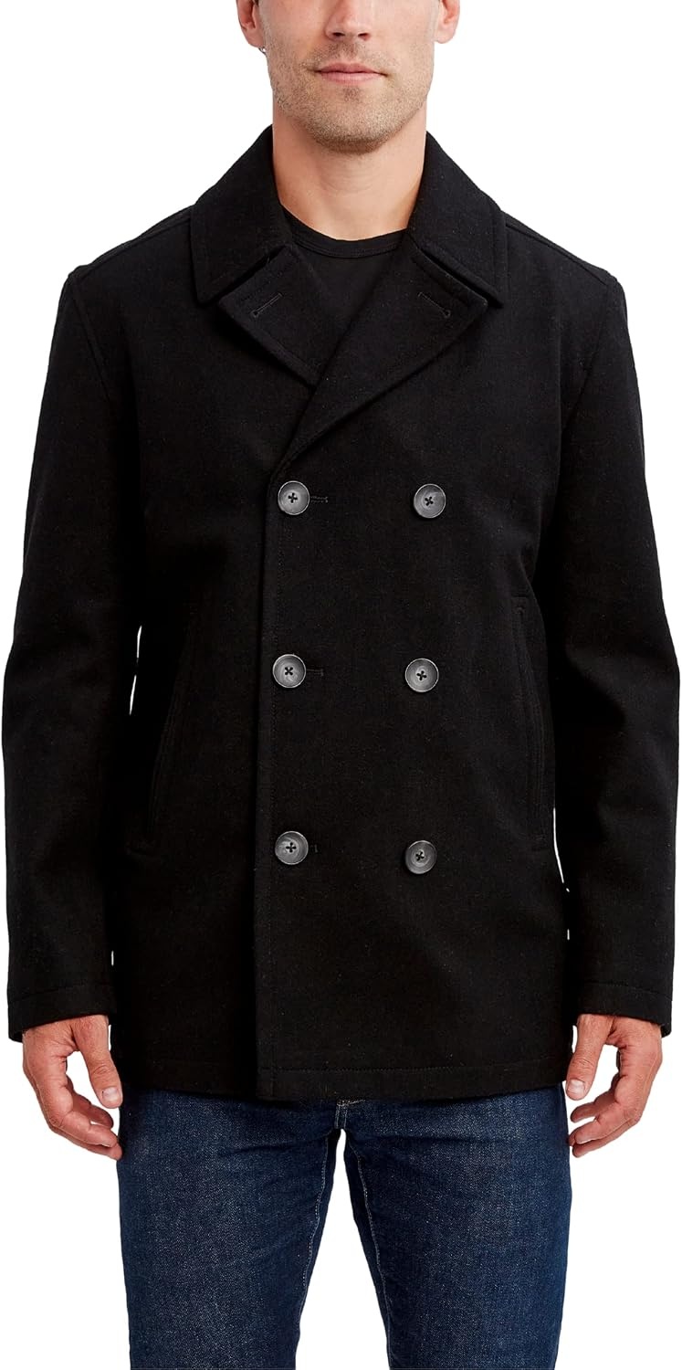image:imageNautica Mens Wool Blend Peacoat DoubleBreasted Winter Coat Regular Big amp Tall SizesBlk Caviar
