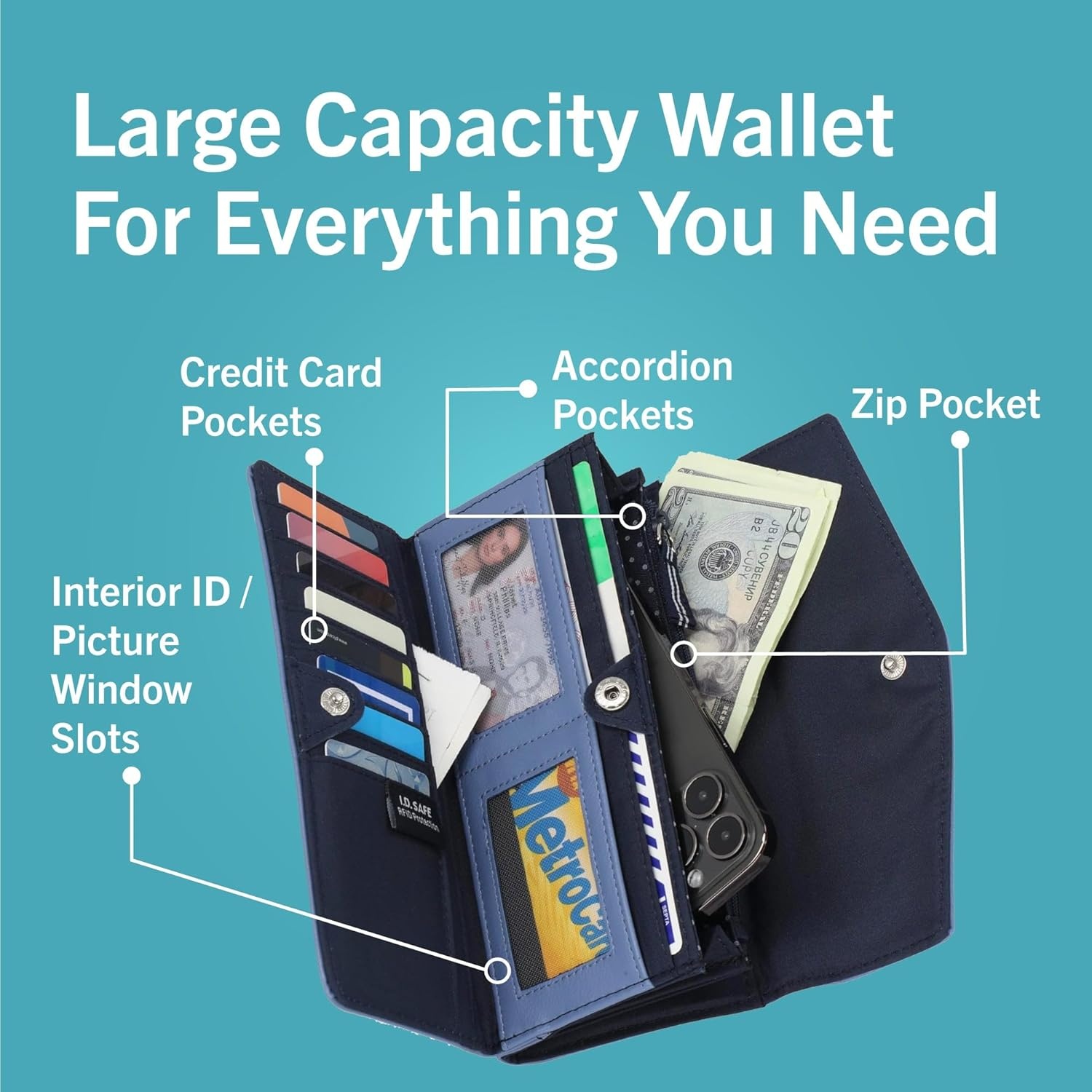 image:imageNautica Money Manager Womens Slim RFID Blocking Wallet Small Bifold Credit Card Holder with Zipper Coin Pocket and ID WindowBlackBone