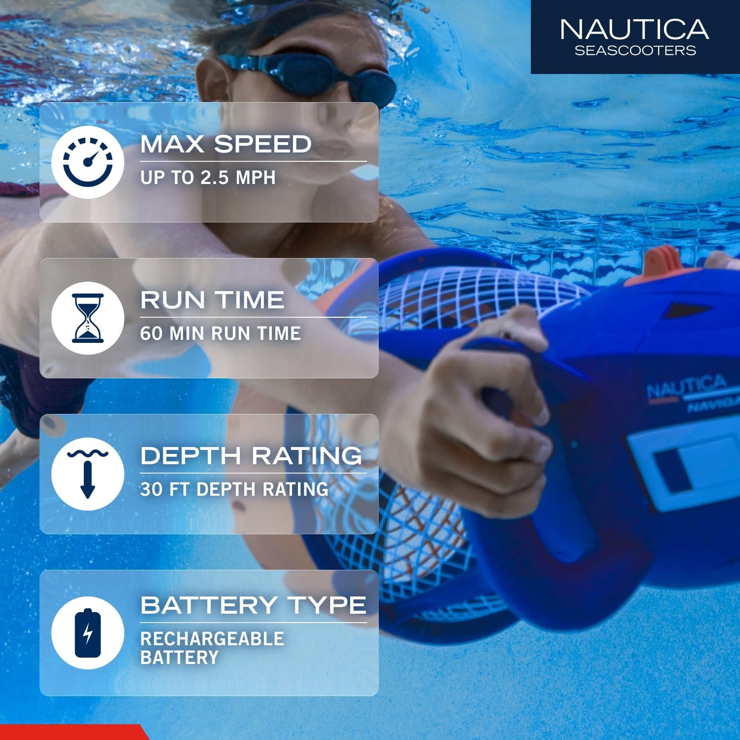 image:imageNautica Navigator and Skipper Underwater Seascooters Designed for Younger Recreational Divers and SnorkelersNavigator
