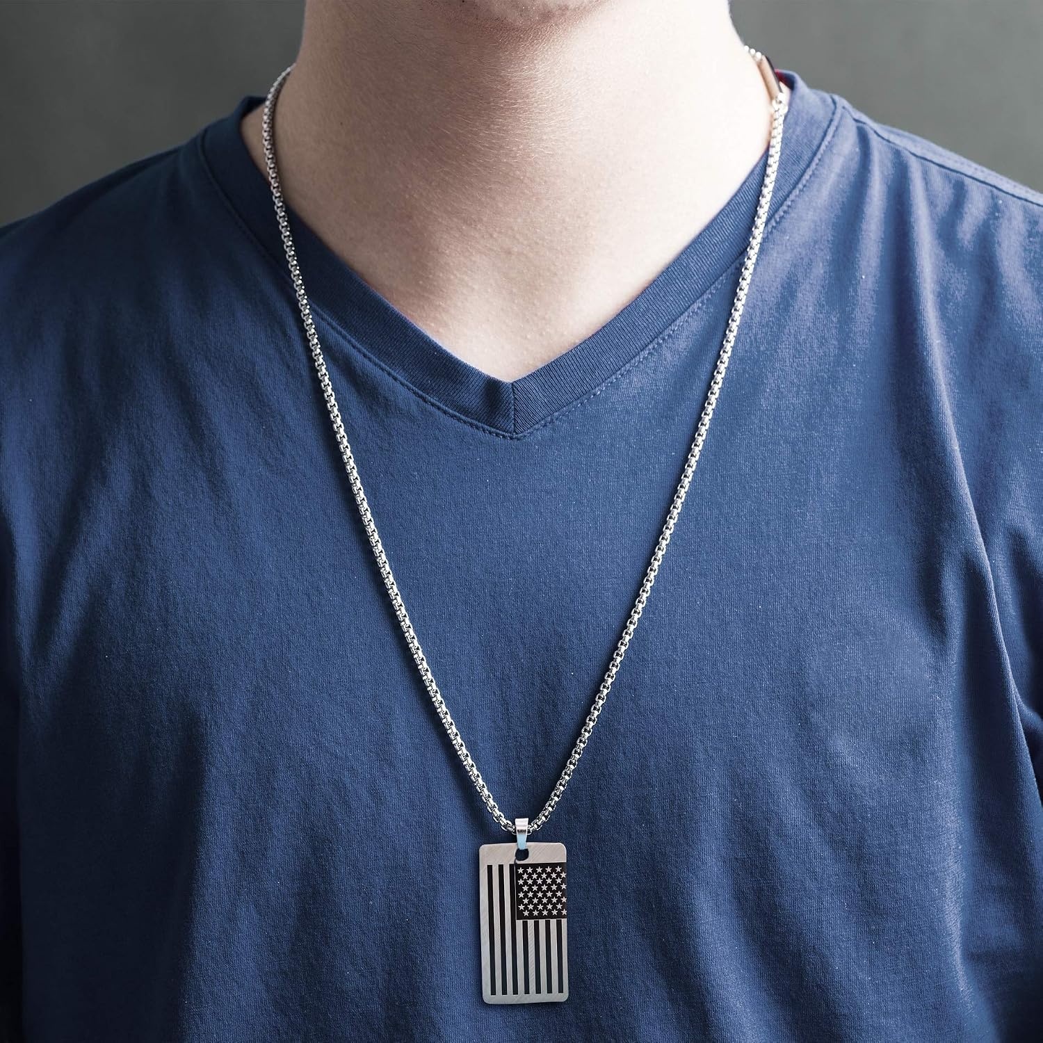 image:imageNautica Oxidized Stainless Steel American Flag Dog Tag Necklace for Men 24 Inch Rolo Chain