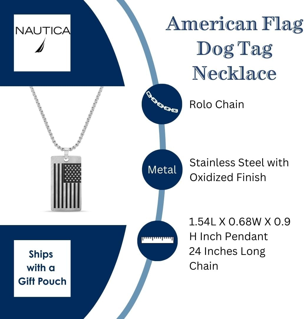 image:imageNautica Oxidized Stainless Steel American Flag Dog Tag Necklace for Men 24 Inch Rolo Chain