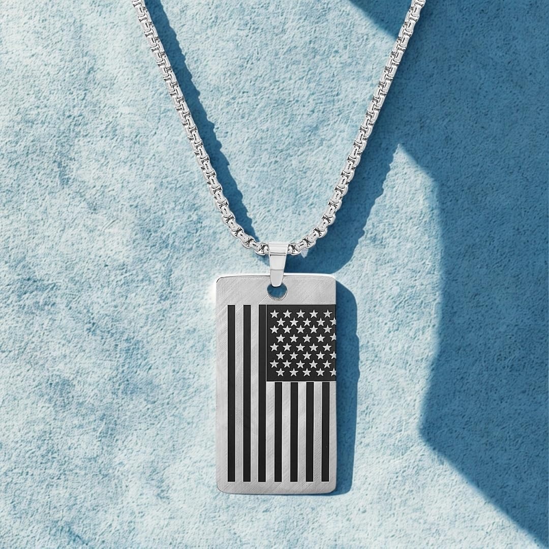 image:imageNautica Oxidized Stainless Steel American Flag Dog Tag Necklace for Men 24 Inch Rolo Chain