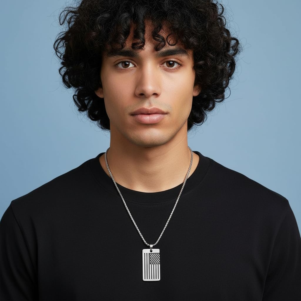 image:imageNautica Oxidized Stainless Steel American Flag Dog Tag Necklace for Men 24 Inch Rolo Chain
