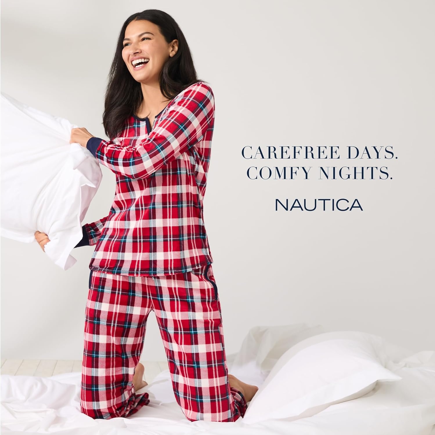 image:imageNautica Pajamas for Women Set Long Sleeve Henley Pajama Shirt amp Pants Warm Winter Fleece Sleepwear Lounge PJ Sets for WomenGrey Snowflake