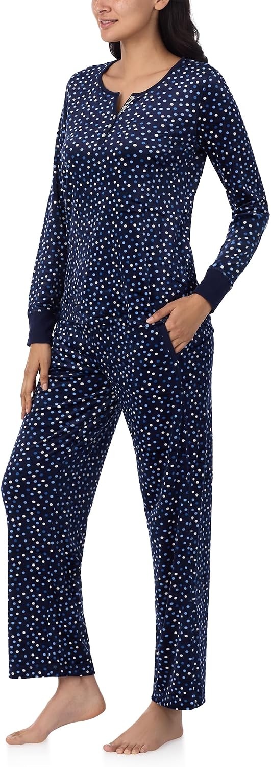 image:imageNautica Pajamas for Women Set Long Sleeve Henley Pajama Shirt amp Pants Warm Winter Fleece Sleepwear Lounge PJ Sets for WomenNavy Dots