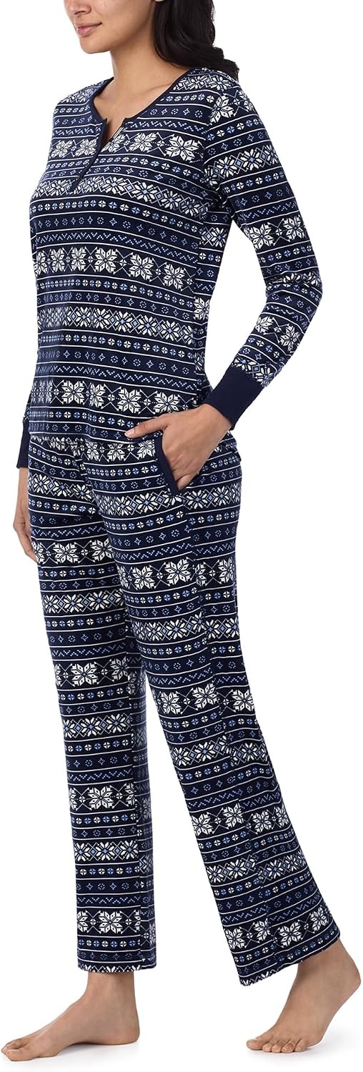 image:imageNautica Pajamas for Women Set Long Sleeve Henley Pajama Shirt amp Pants Warm Winter Fleece Sleepwear Lounge PJ Sets for WomenNavy Fairisle
