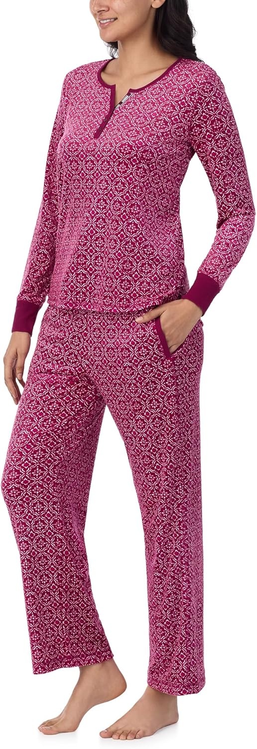 image:imageNautica Pajamas for Women Set Long Sleeve Henley Pajama Shirt amp Pants Warm Winter Fleece Sleepwear Lounge PJ Sets for WomenPink Geo