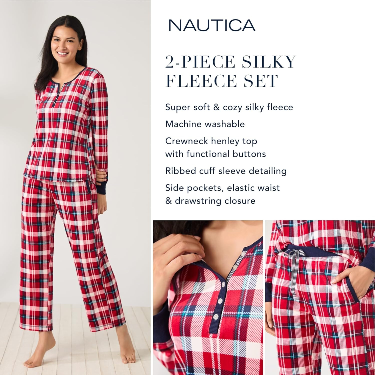 image:imageNautica Pajamas for Women Set Long Sleeve Henley Pajama Shirt amp Pants Warm Winter Fleece Sleepwear Lounge PJ Sets for WomenRed Plaid