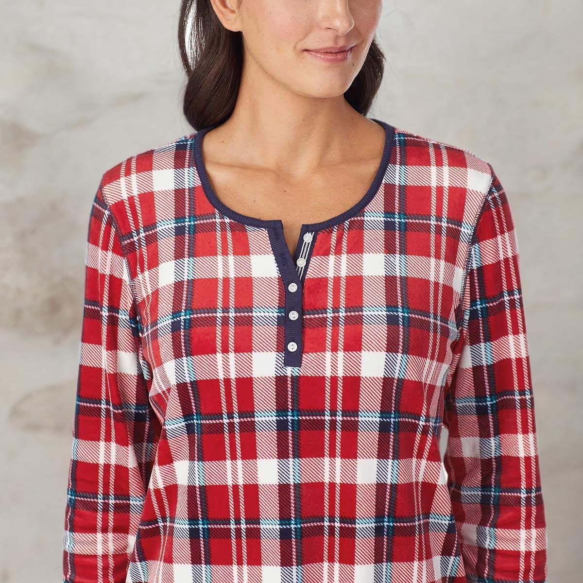 image:imageNautica Pajamas for Women Set Long Sleeve Henley Pajama Shirt amp Pants Warm Winter Fleece Sleepwear Lounge PJ Sets for WomenRed Plaid