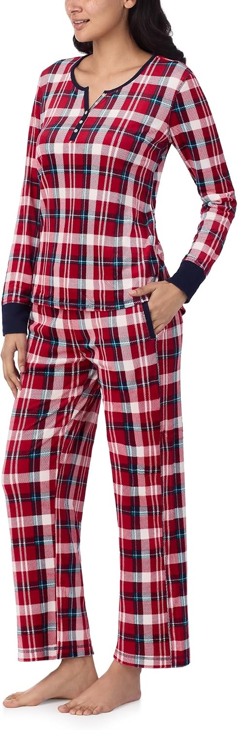 image:imageNautica Pajamas for Women Set Long Sleeve Henley Pajama Shirt amp Pants Warm Winter Fleece Sleepwear Lounge PJ Sets for WomenRed Plaid