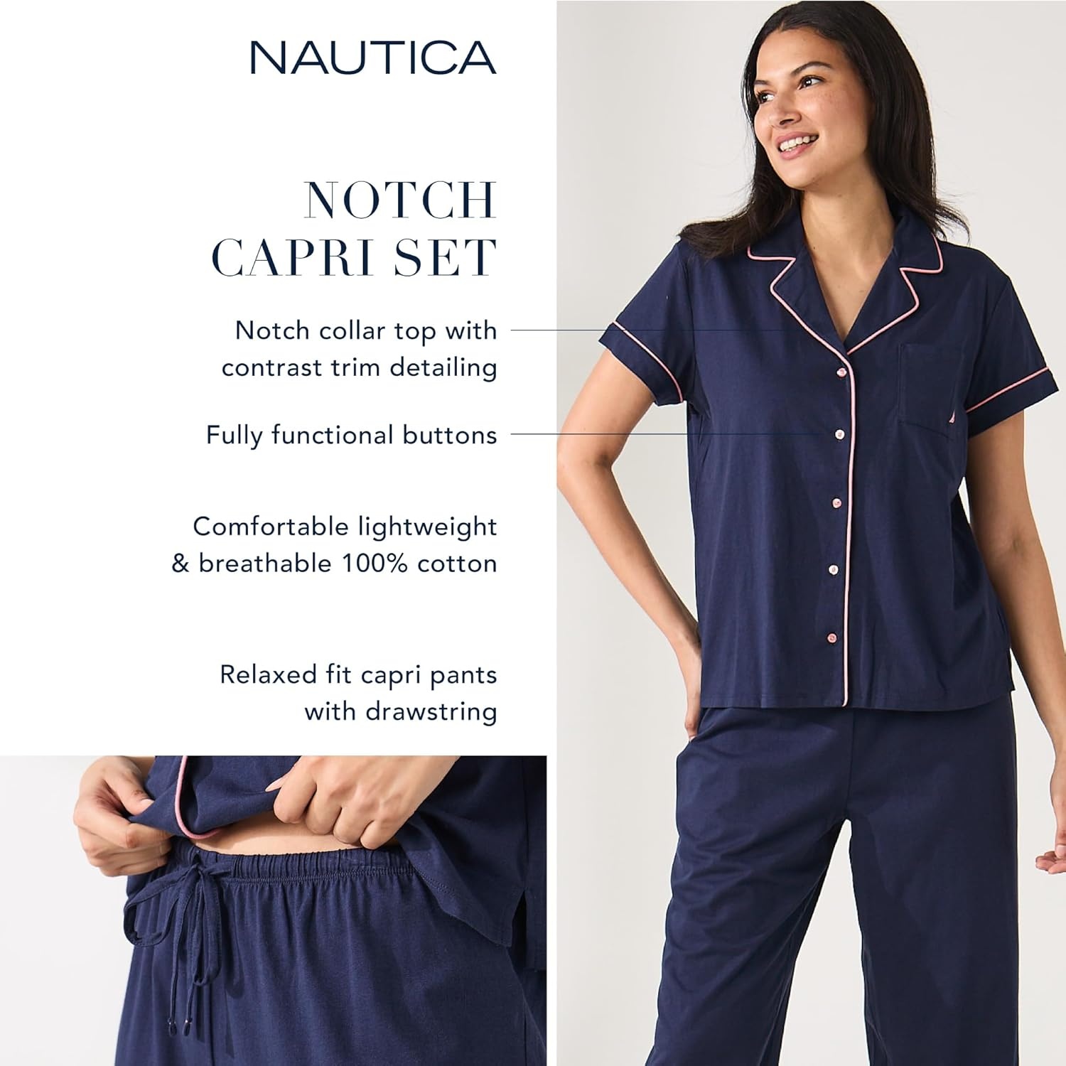 image:imageNautica Pajamas for Women Set Womens Lightweight Short Sleeve Button Down Pajama Shirt amp Capri Pants Lounge Sets PJs WomenHeather Grey