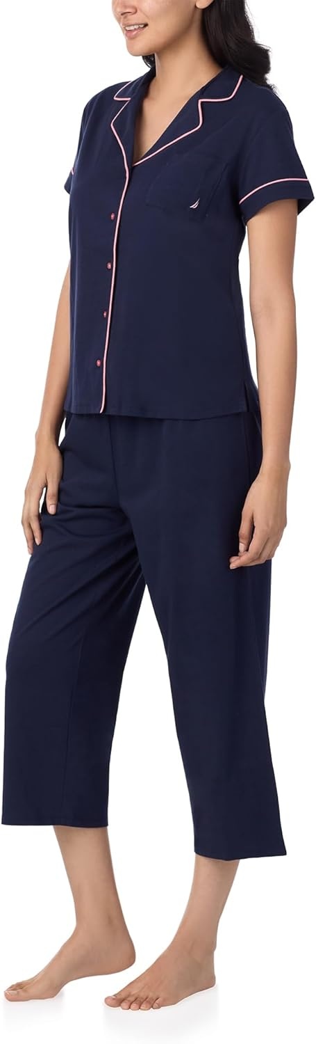image:imageNautica Pajamas for Women Set Womens Lightweight Short Sleeve Button Down Pajama Shirt amp Capri Pants Lounge Sets PJs WomenNavy