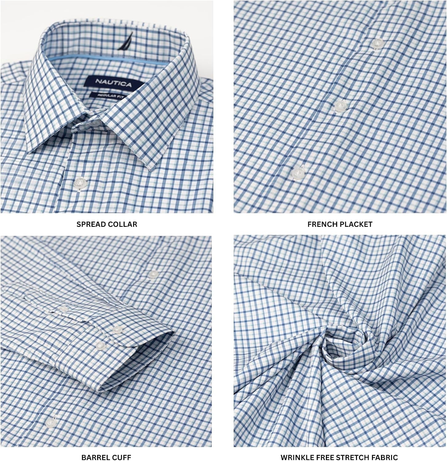 image:imageNautica Regular Fit Long Sleeve Button Down Dress Shirts for Men Wrinkle Free Long Sleeve Shirt Mens Formal 4Way StretchBlue Green Plaid