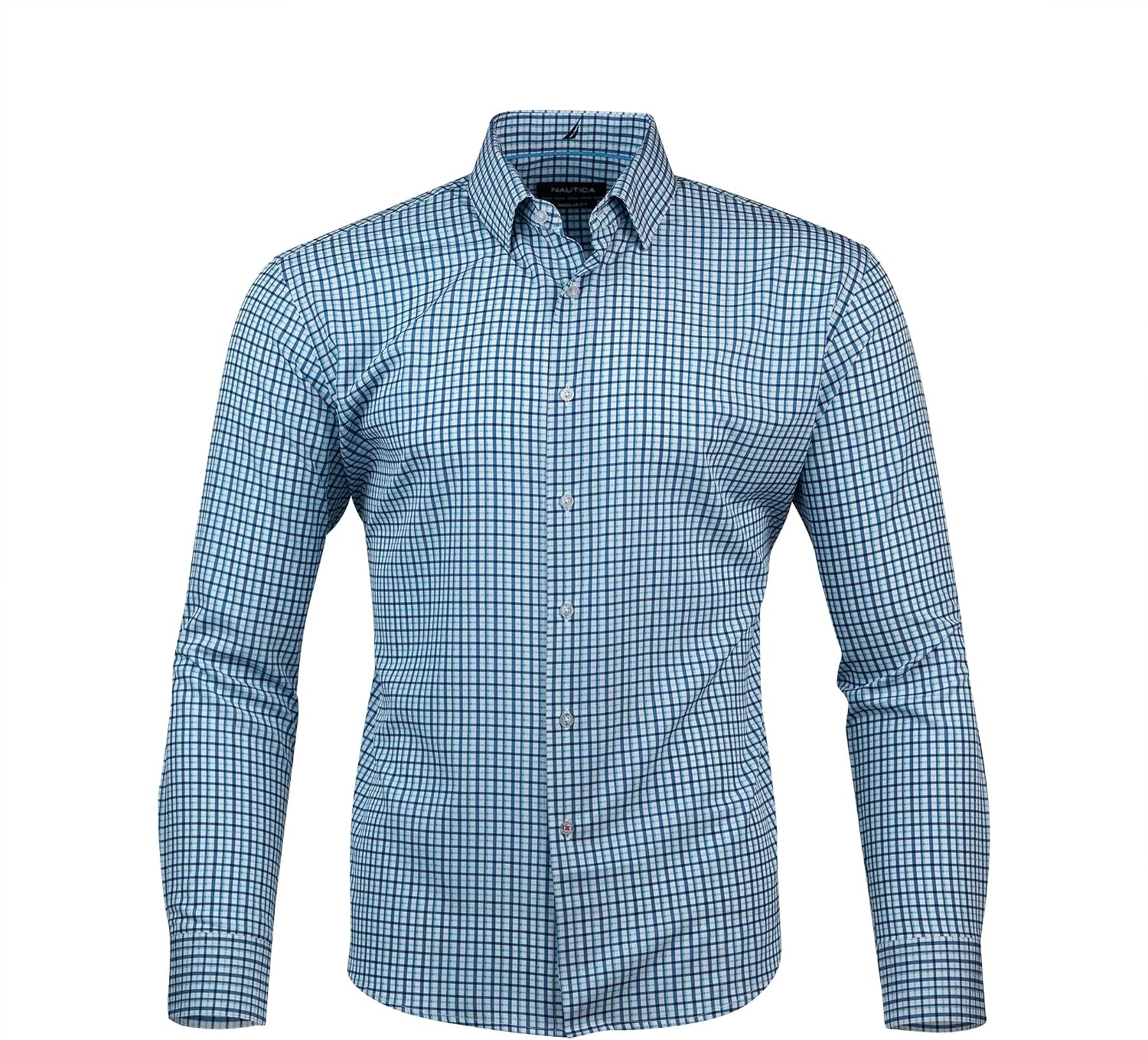 image:imageNautica Regular Fit Long Sleeve Button Down Dress Shirts for Men Wrinkle Free Long Sleeve Shirt Mens Formal 4Way StretchBlue Green Plaid