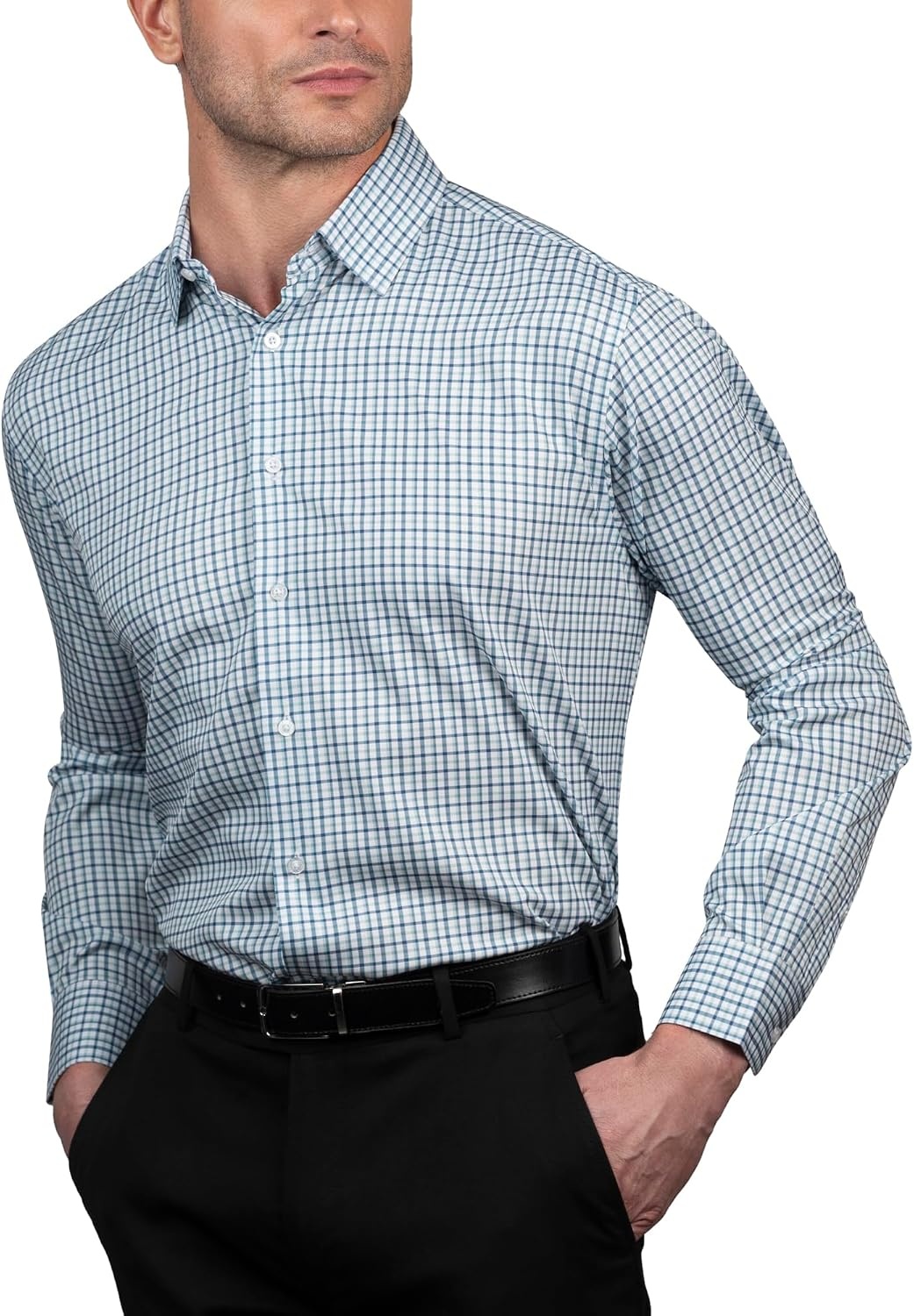 image:imageNautica Regular Fit Long Sleeve Button Down Dress Shirts for Men Wrinkle Free Long Sleeve Shirt Mens Formal 4Way StretchBlue Green Plaid