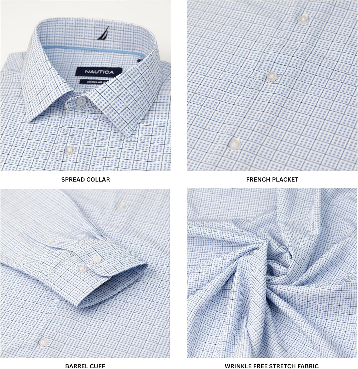 image:imageNautica Regular Fit Long Sleeve Button Down Dress Shirts for Men Wrinkle Free Long Sleeve Shirt Mens Formal 4Way StretchBlue Multi Plaid