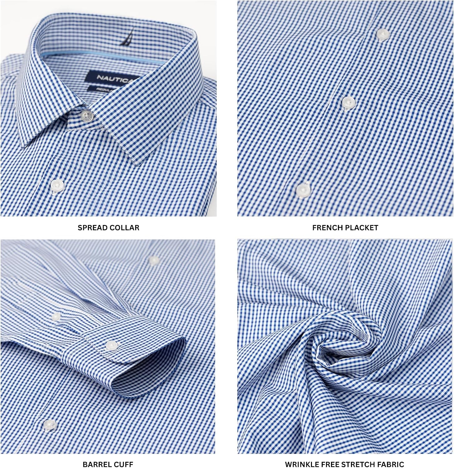 image:imageNautica Regular Fit Long Sleeve Button Down Dress Shirts for Men Wrinkle Free Long Sleeve Shirt Mens Formal 4Way StretchBlue Plaid