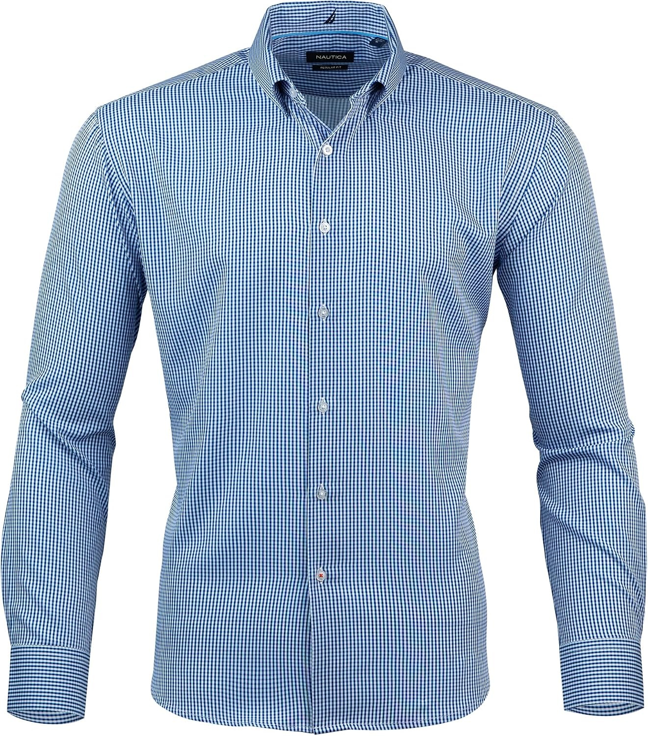 image:imageNautica Regular Fit Long Sleeve Button Down Dress Shirts for Men Wrinkle Free Long Sleeve Shirt Mens Formal 4Way StretchBlue Plaid