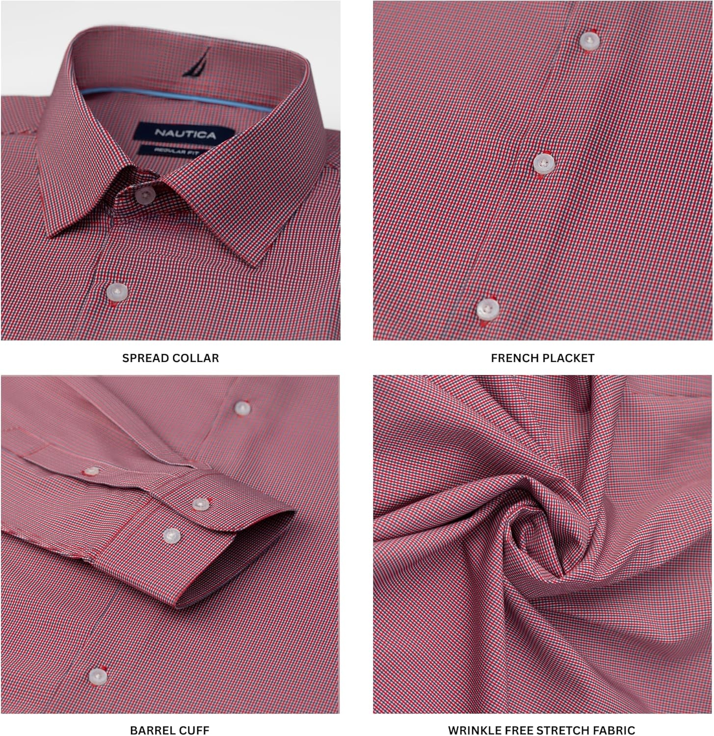 image:imageNautica Regular Fit Long Sleeve Button Down Dress Shirts for Men Wrinkle Free Long Sleeve Shirt Mens Formal 4Way StretchBlue and Red Check