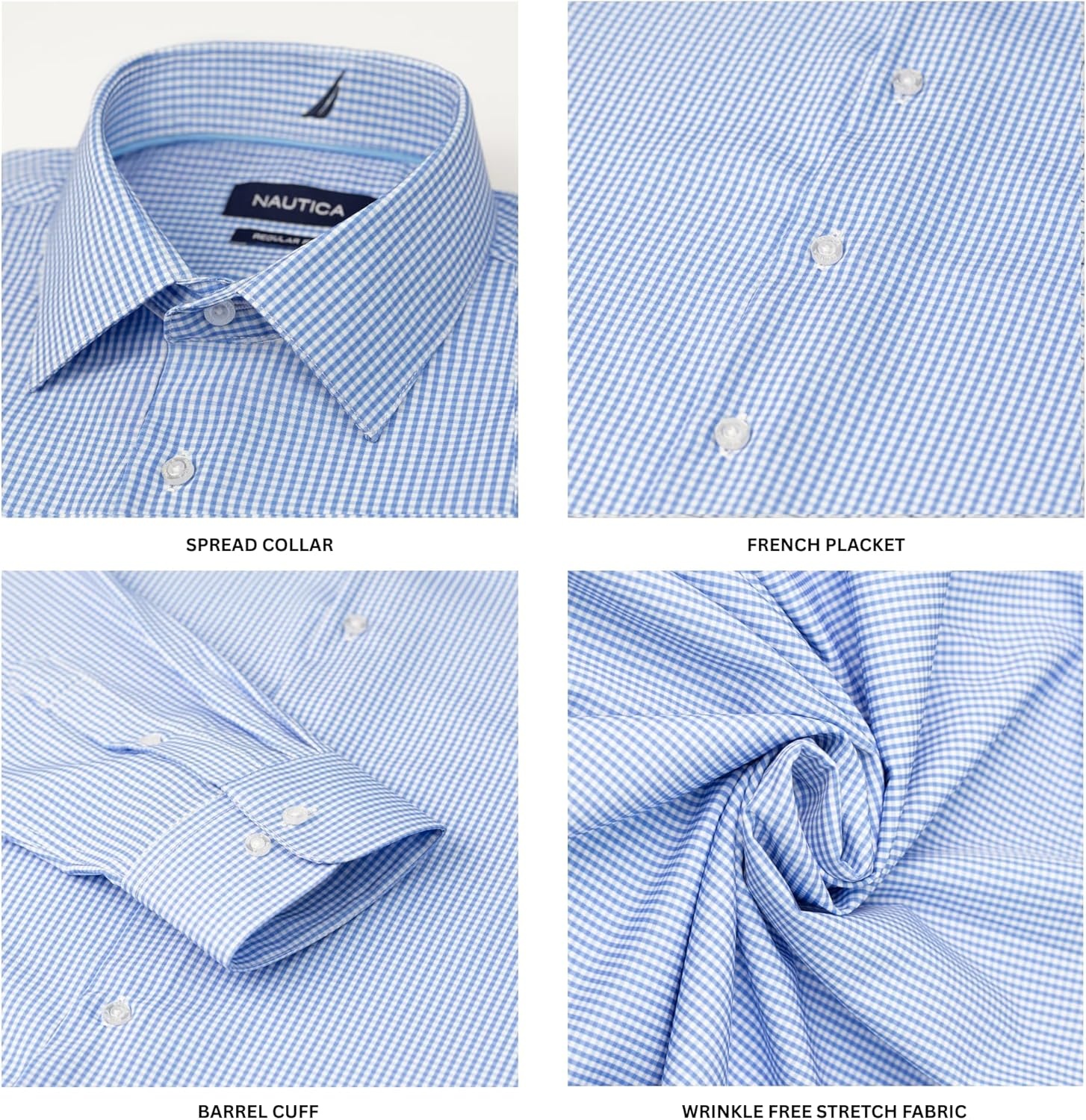 image:imageNautica Regular Fit Long Sleeve Button Down Dress Shirts for Men Wrinkle Free Long Sleeve Shirt Mens Formal 4Way StretchLight Blue Check