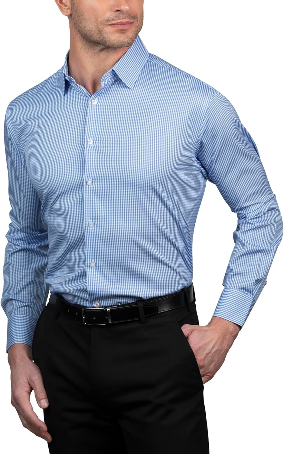 image:imageNautica Regular Fit Long Sleeve Button Down Dress Shirts for Men Wrinkle Free Long Sleeve Shirt Mens Formal 4Way StretchLight Blue Check