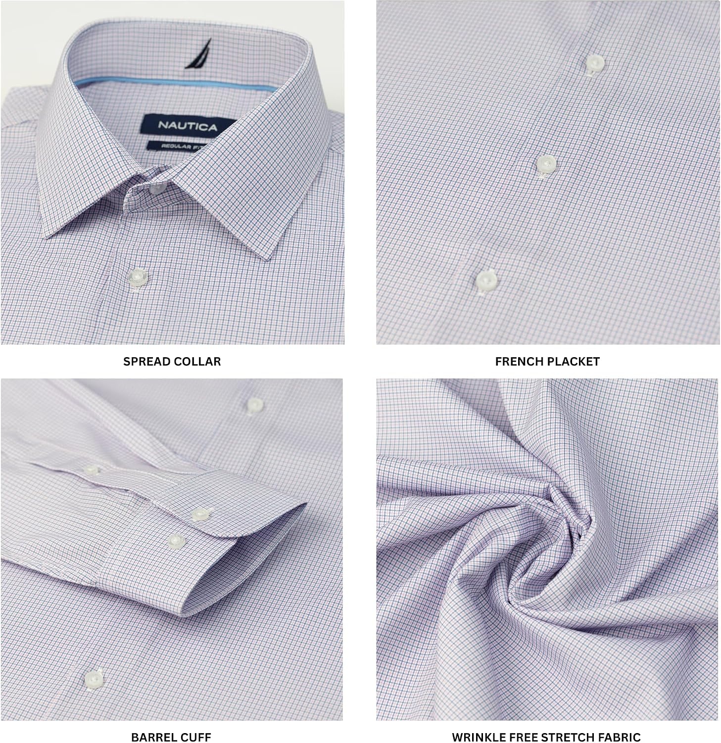 image:imageNautica Regular Fit Long Sleeve Button Down Dress Shirts for Men Wrinkle Free Long Sleeve Shirt Mens Formal 4Way StretchNavy and Pink Check