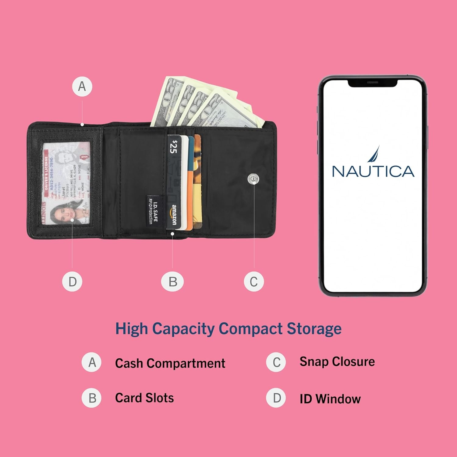 image:imageNautica Rowers End Small Wallet for Women RFID Blocking Slim Credit Card Holder with Zipper Coin Pocket Bifold Compact Wallet with ID Window in Indigo BoneBlack Pebble