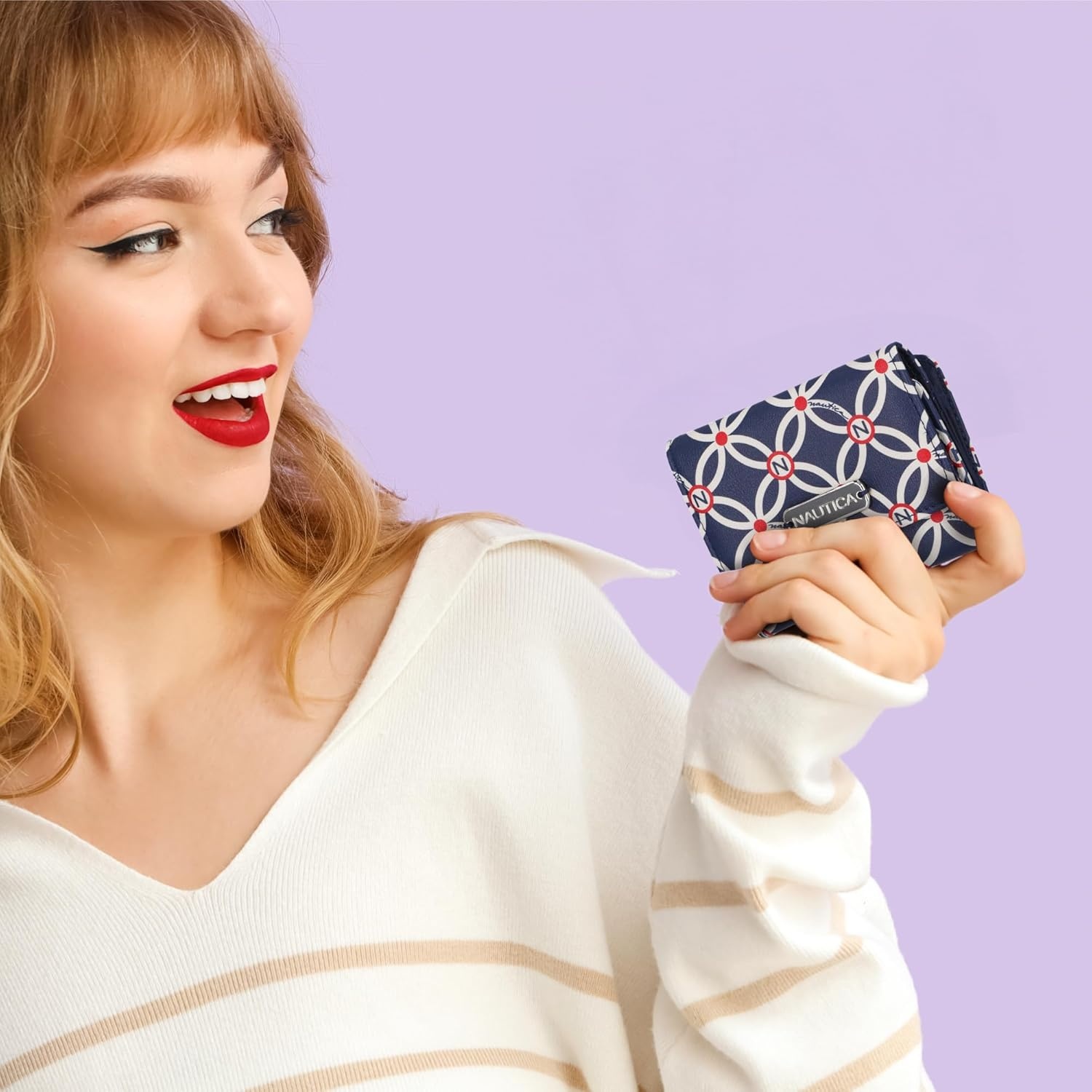 image:imageNautica Rowers End Small Wallet for Women RFID Blocking Slim Credit Card Holder with Zipper Coin Pocket Bifold Compact Wallet with ID Window in Indigo BoneBlack Racing Stripe
