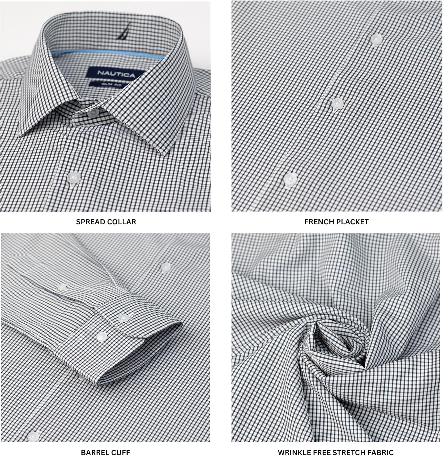 image:imageNautica Slim Fit Mens Dress Shirts Long Sleeve Performance Polyester Fabric Wrinkle Free 4Way StretchBlack Check