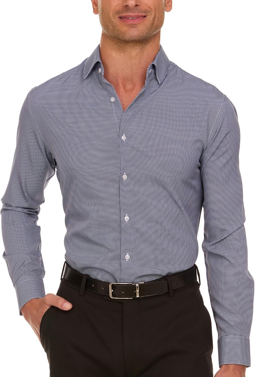 image:imageNautica Slim Fit Mens Dress Shirts Long Sleeve Performance Polyester Fabric Wrinkle Free 4Way StretchBlack Micro Checks