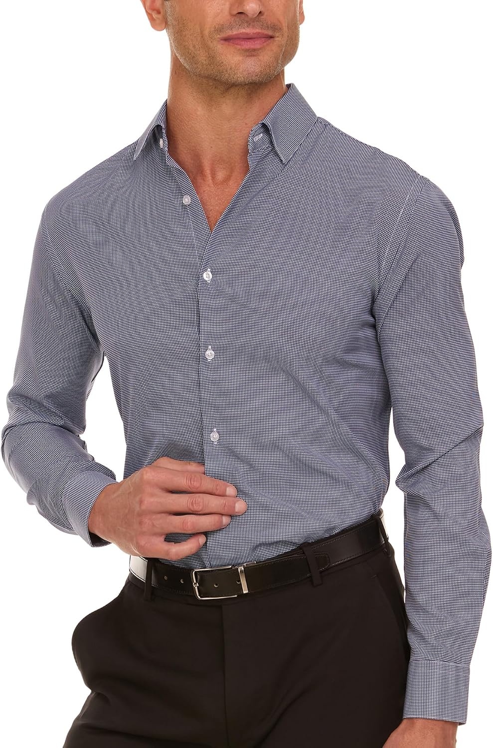 image:imageNautica Slim Fit Mens Dress Shirts Long Sleeve Performance Polyester Fabric Wrinkle Free 4Way StretchBlack Micro Checks