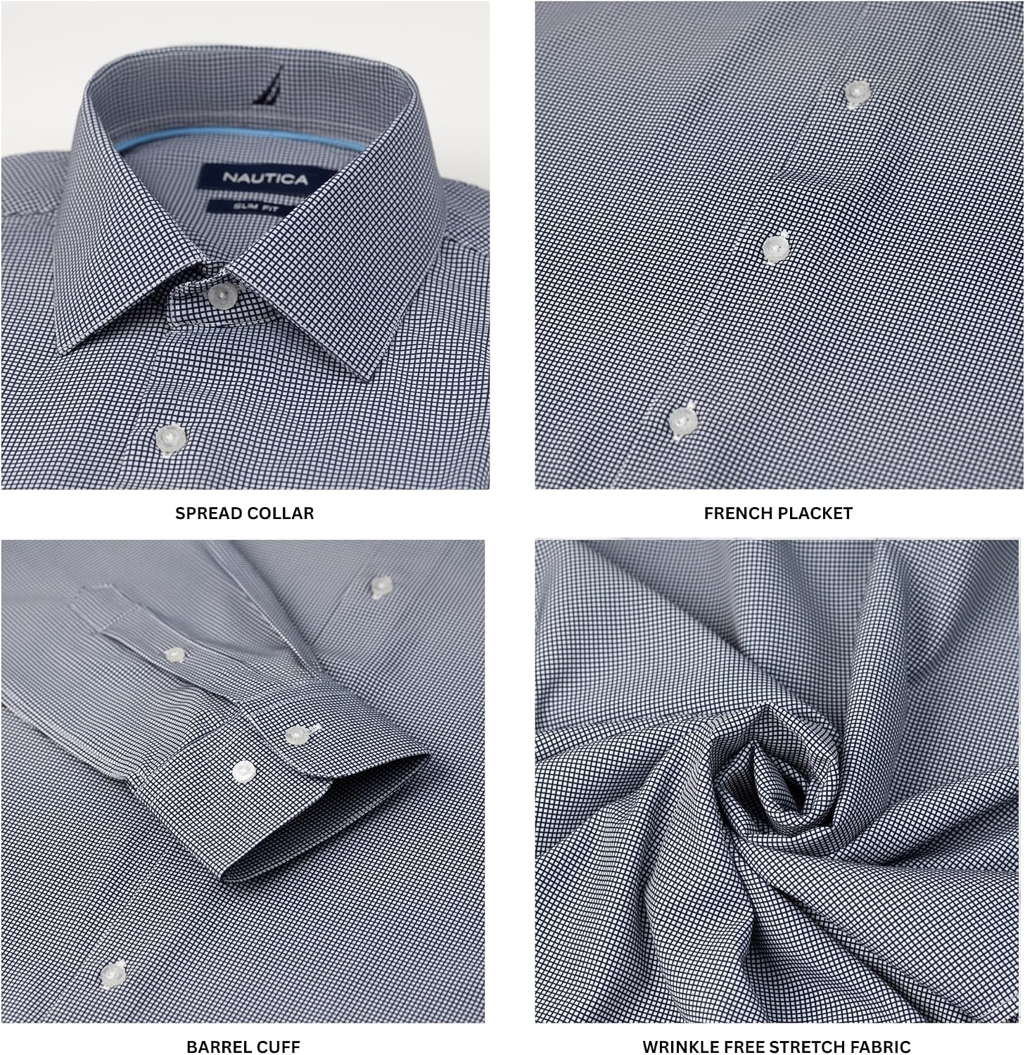 image:imageNautica Slim Fit Mens Dress Shirts Long Sleeve Performance Polyester Fabric Wrinkle Free 4Way StretchBlack Micro Checks
