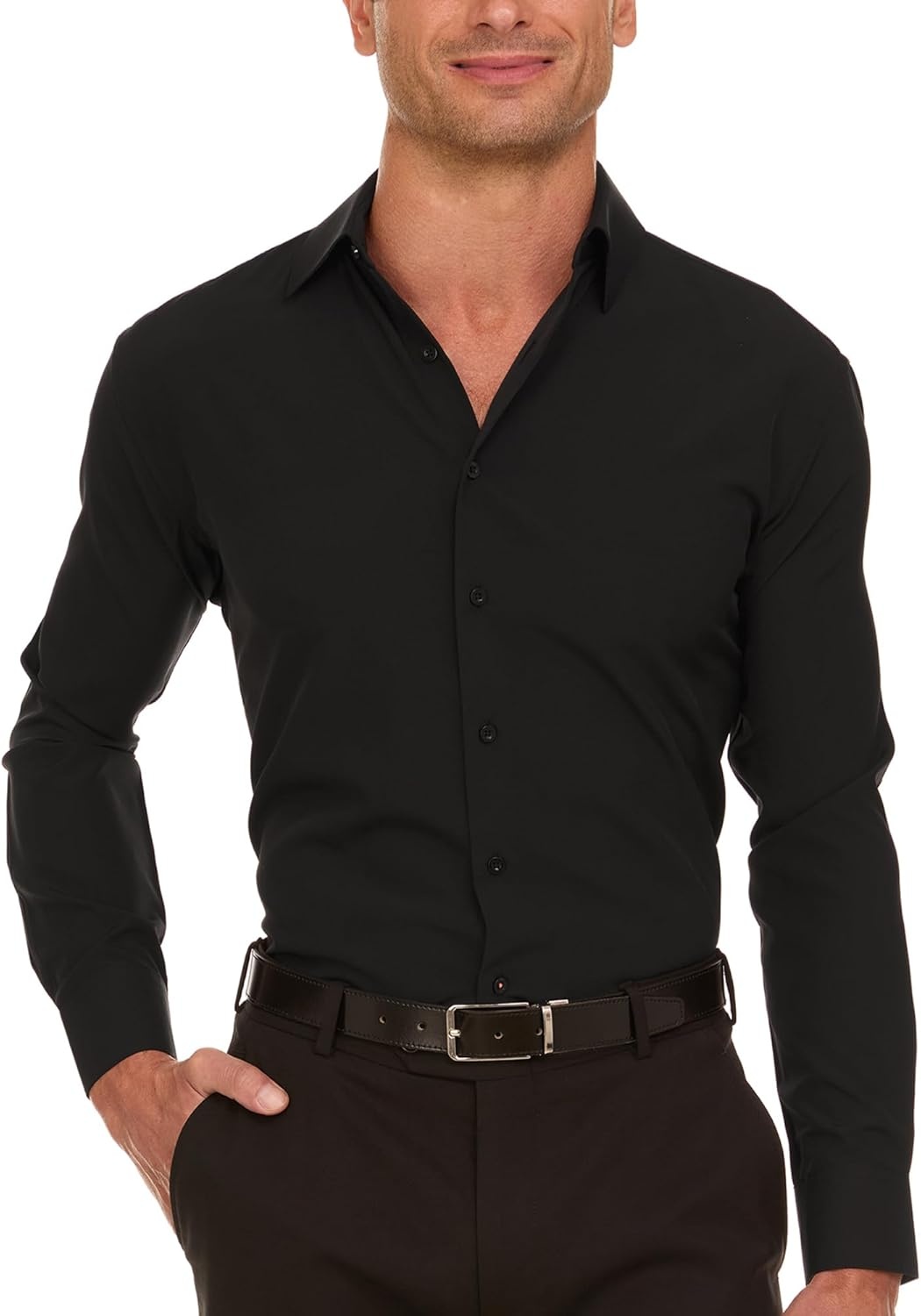 image:imageNautica Slim Fit Mens Dress Shirts Long Sleeve Performance Polyester Fabric Wrinkle Free 4Way StretchBlack Solid