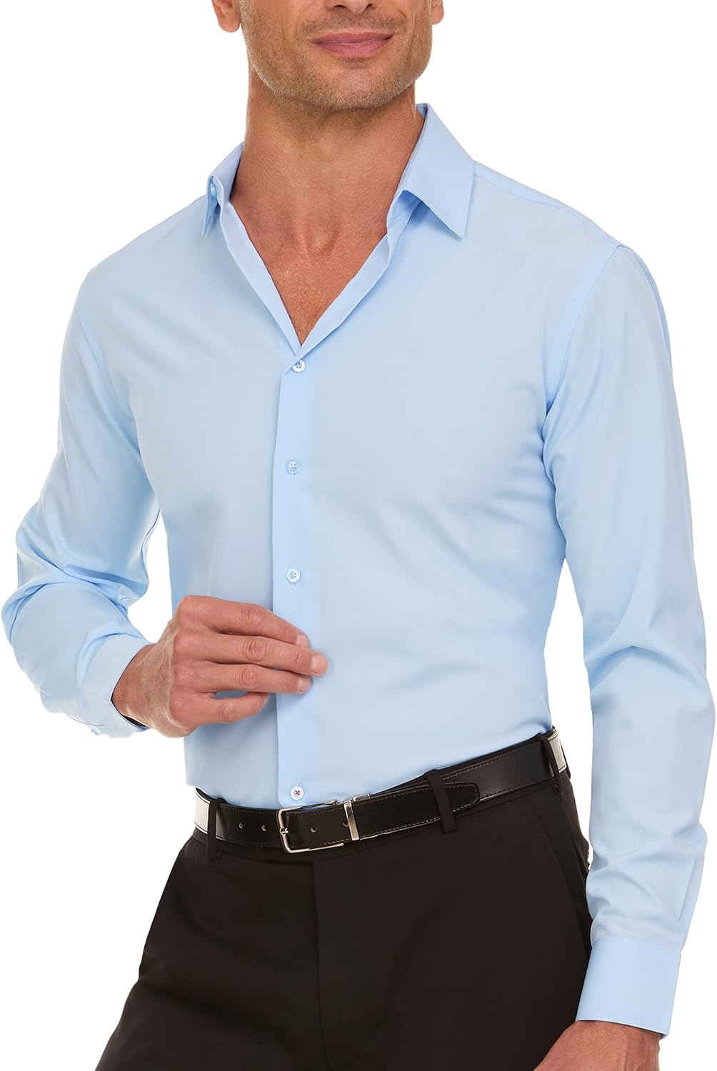 image:imageNautica Slim Fit Mens Dress Shirts Long Sleeve Performance Polyester Fabric Wrinkle Free 4Way StretchLight Blue