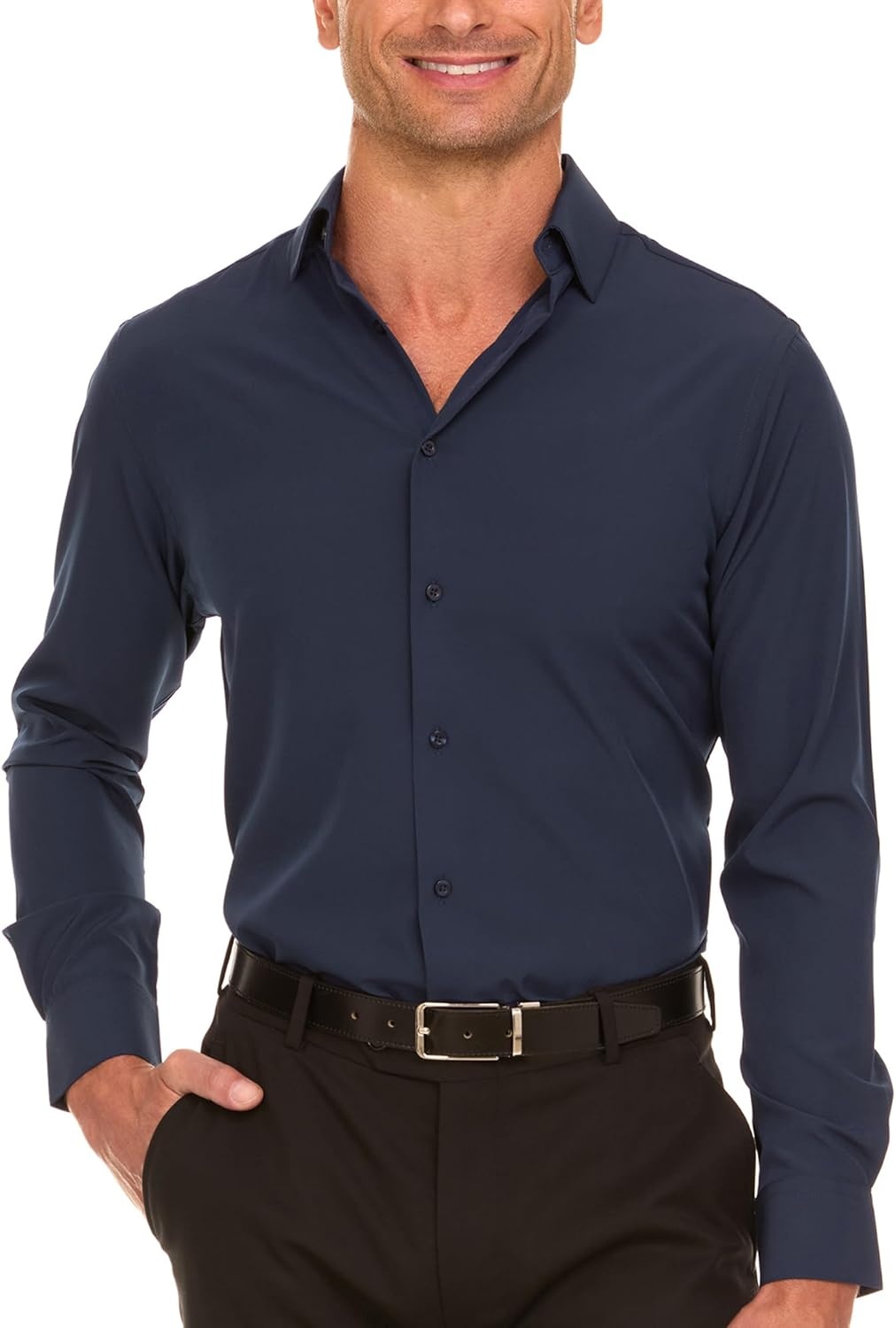 image:imageNautica Slim Fit Mens Dress Shirts Long Sleeve Performance Polyester Fabric Wrinkle Free 4Way StretchNavy Solid