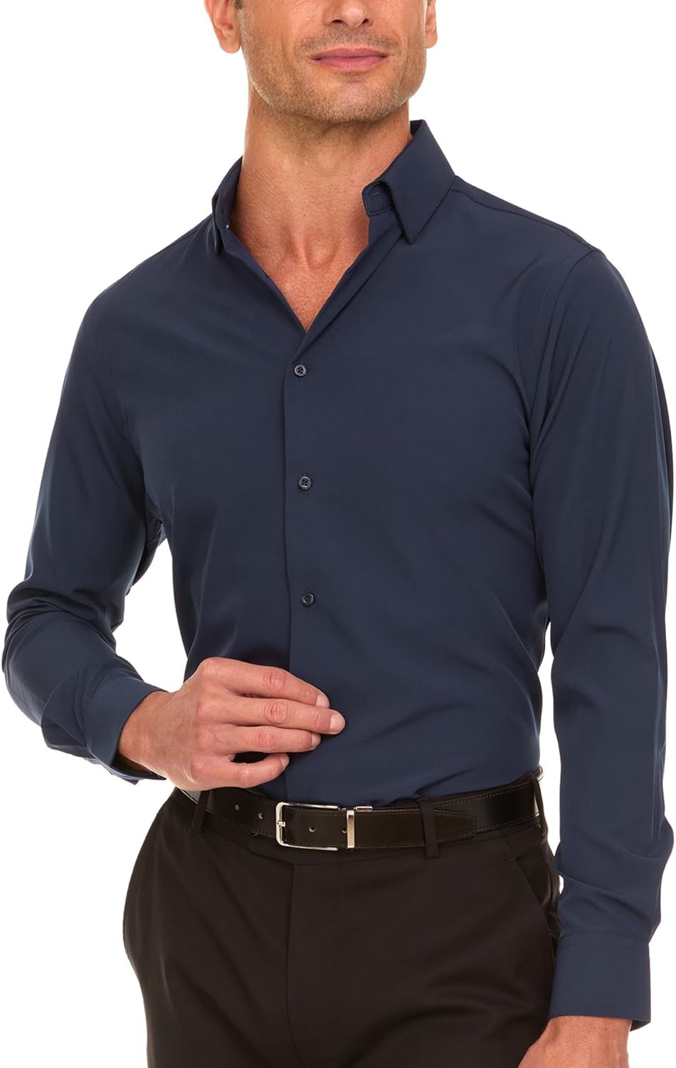 image:imageNautica Slim Fit Mens Dress Shirts Long Sleeve Performance Polyester Fabric Wrinkle Free 4Way StretchNavy Solid