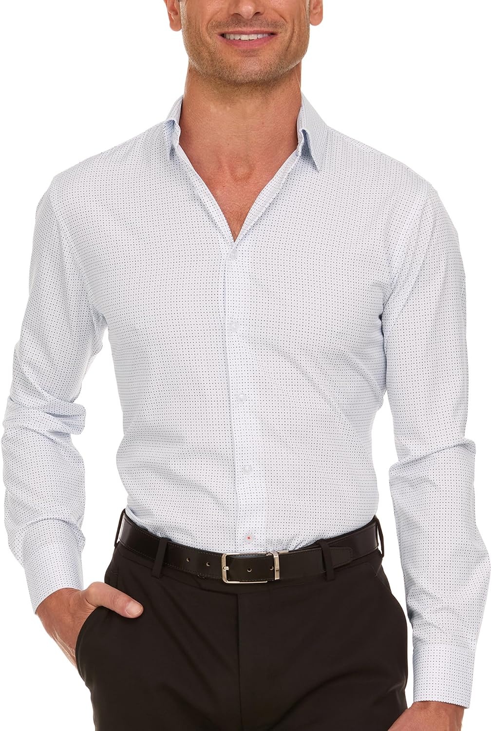 image:imageNautica Slim Fit Mens Dress Shirts Long Sleeve Performance Polyester Fabric Wrinkle Free 4Way StretchWhite Mini Blue Dots