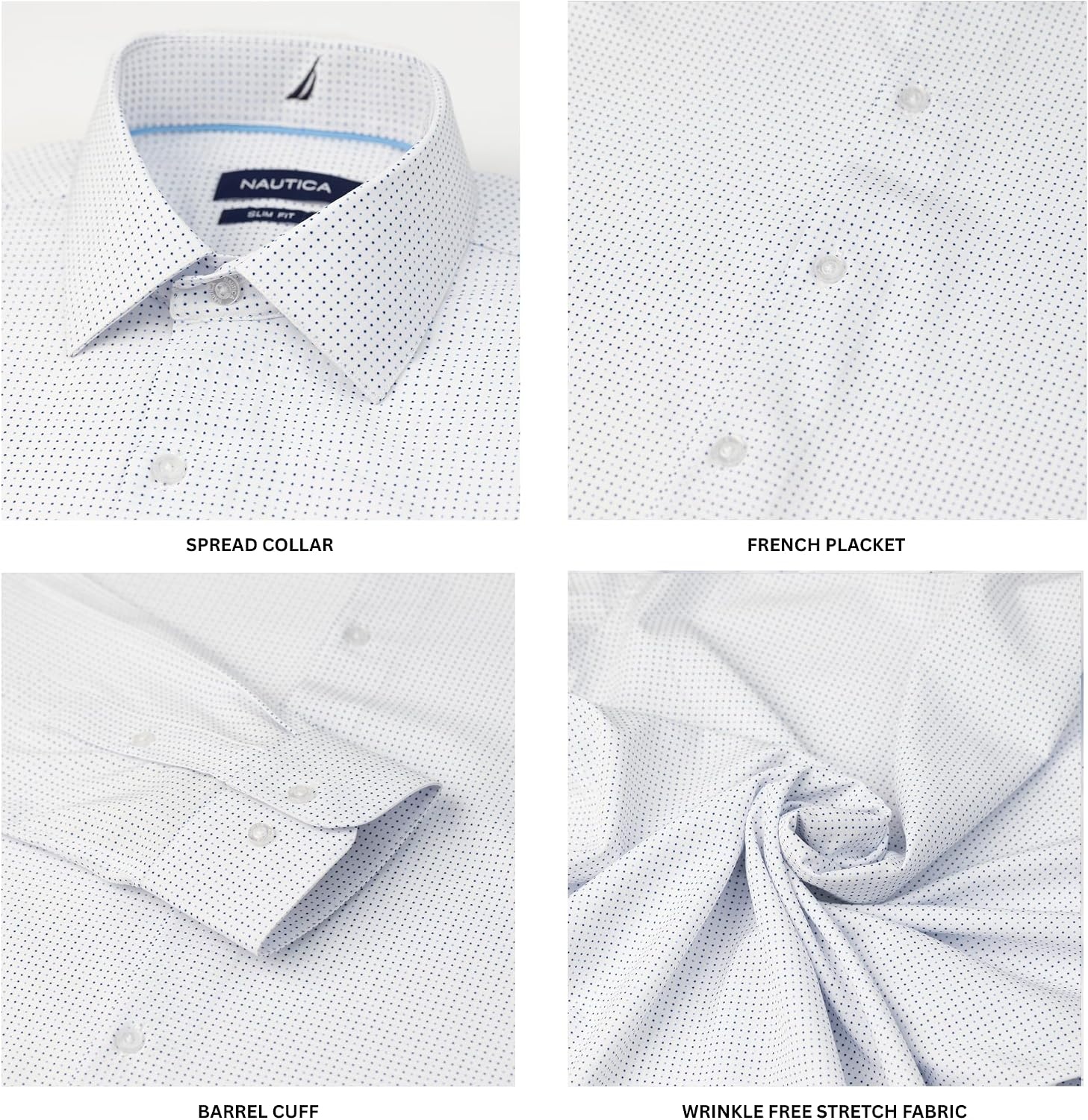image:imageNautica Slim Fit Mens Dress Shirts Long Sleeve Performance Polyester Fabric Wrinkle Free 4Way StretchWhite Mini Blue Dots