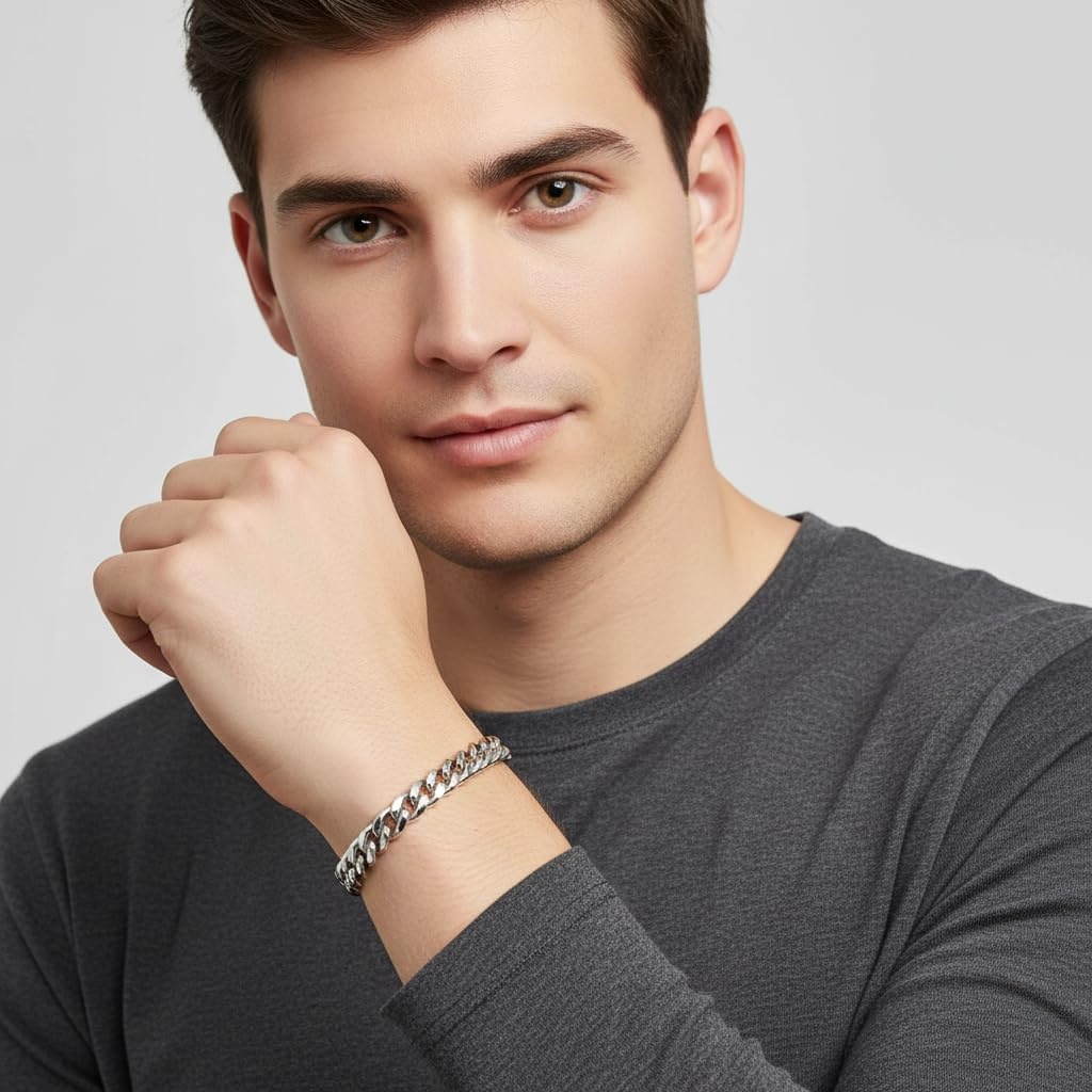 image:imageNautica Stainless Steel Bracelet for Men 8mm Wide Miami Cuban Chain 8 Inches Long Lobster Clasp