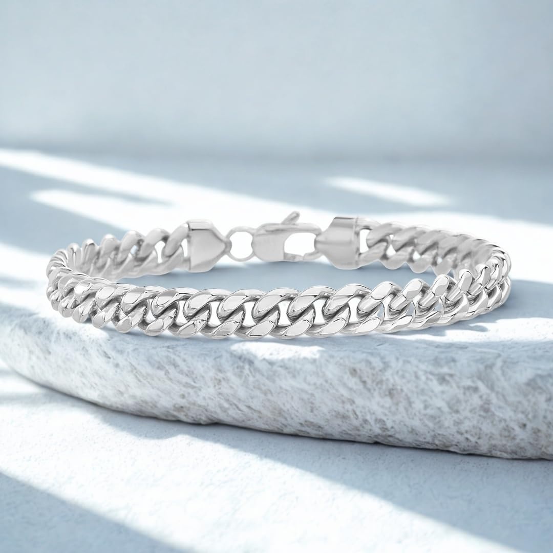image:imageNautica Stainless Steel Bracelet for Men 8mm Wide Miami Cuban Chain 8 Inches Long Lobster Clasp